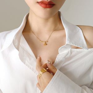 Gold Bamboo Bar Flower Bud Lotus Pod Pendant Necklaces