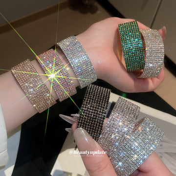 Wide Rhinestone Mesh Open Cuff Bangle Bracelets Nine