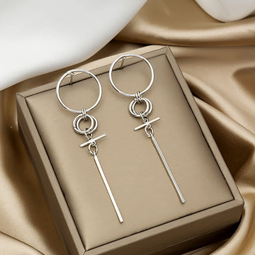 Mismatched Silver Open Circle and Bar Long Hoop Earrings