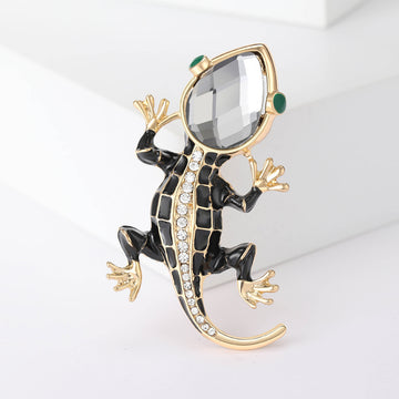 Black Crystal Lizard Brooch With Green Eye Accents