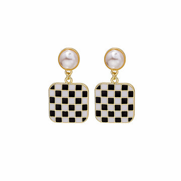 Black White Checkerboard Pearl Stud Dangle Earrings 3 Shapes