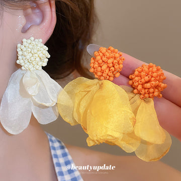 Chiffon Petal Flower Clip Earrings in Two Colors With Decorative Metal Accents