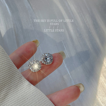 Cushion Halo Clear Center Stone Silver Stud Earrings