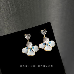 Gold Heart Crystal Pearl Blue Enamel Iris Drop Earrings