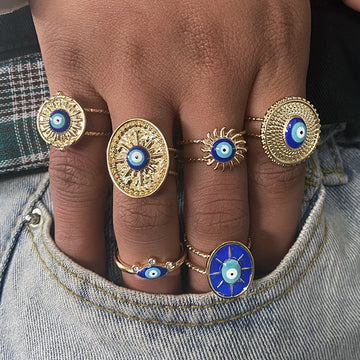 Gold Tone Blue Evil Eye Adjustable Cuff Rings in Six Designs
