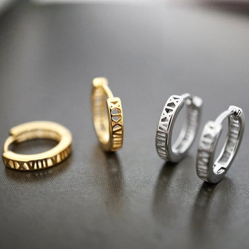 Gold White Tone Roman Numeral Cutout Huggie Hoop Earrings