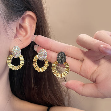 Rainbow and Black Faceted Top Gold Open Ring Earrings