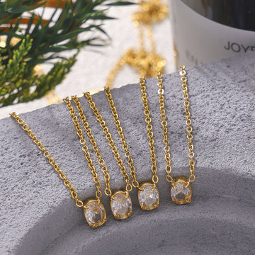 Gold Oval Solitaire Zircon Pendant Necklace On Cable Chain