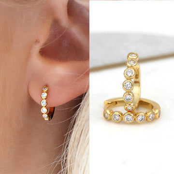 Bezel Set Clear Stone Huggie Hoop Earrings Two Tones