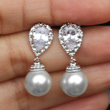 Teardrop CZ Halo Faux Pearl Drop Earrings White Pink