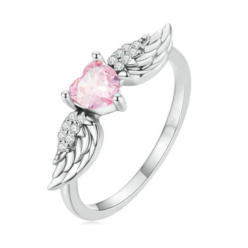 White Gold Pink Heart Angel Wing Finger Ring Sizes 6-10