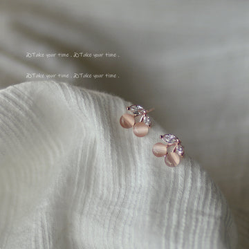 Pink Double Cherry Branch Stud Earrings in Silver Tone