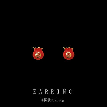 Red Enamel Fortune Bag Stud Earrings Gold Fu Character