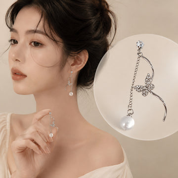 Silver Butterfly Branch and Pearl Look Long Stud Earrings