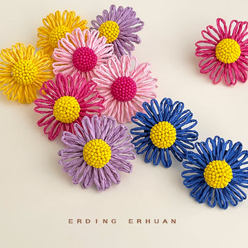 Oversized Woven Raffia Daisy Flower Stud Earrings Two Styles