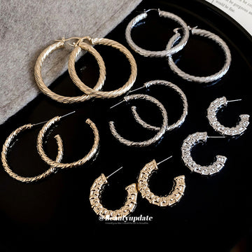 Textured and Smooth C Hoop Earrings in Gold and Silver Tones