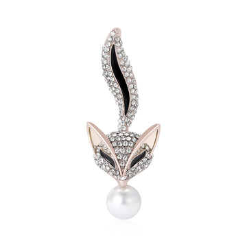 Crystal Fox Metal Brooch with Pearl Drop in Rose Gold and Silver