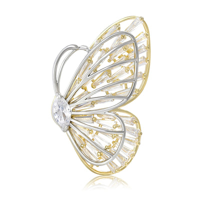 Front view of two Tone Wire Butterfly Brooch With Baguette Crystals against a white background.