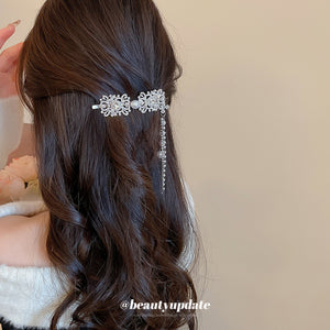 Silver Rhinestone Square Filigree Pearl Tassel Hair Barrette