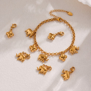 Gold Elephant Clover Charm Bracelet And Clip-On Pendant Charms