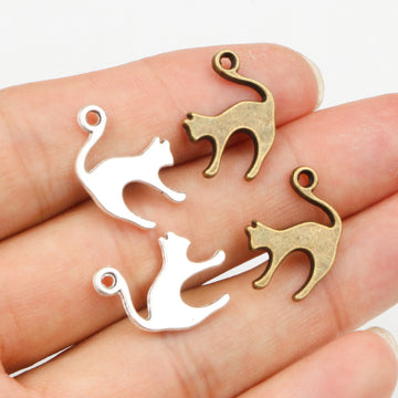 Stretching Cat Charms in Antique Bronze and Silver