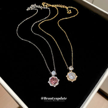 Silver Pink Crystal Rose Pendant Necklace Single Style