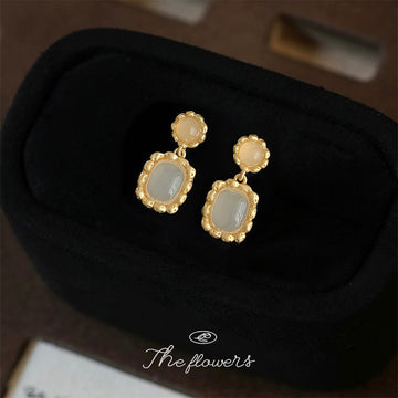 Gold Beaded Frame Cream Cabochon Drop Earrings Matching Pair