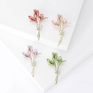 Three-Bloom Enamel Flower Bouquet Brooch with a Clear-Stone Bow