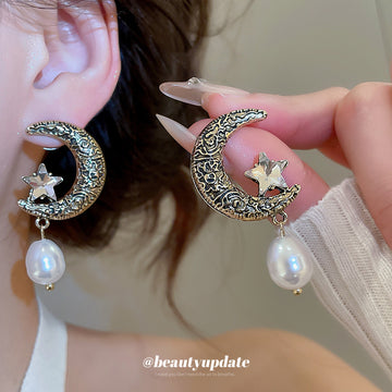 Crystal Moon and Pearl Drop Earrings Statement Fashion Jewelry