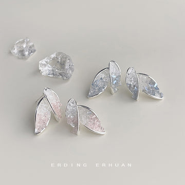Silver Tone Gradient Double Leaf Stud Earrings In Blue And Pink