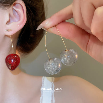 Red And Clear Resin Fruit Drop Stud Earrings With Polished Metal Details