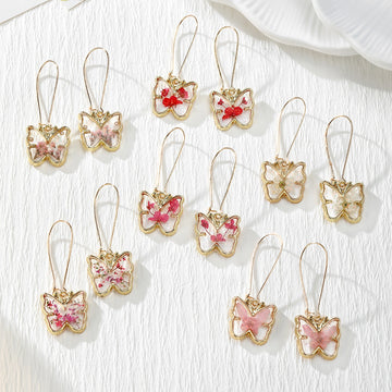 Gold Tone Butterfly Pressed Flower Drop Earrings in Six Designs