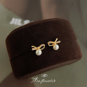 Gold Mini Bow Stud Earrings Clear CZ White Pearl Drop