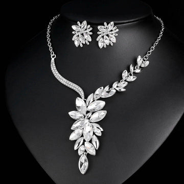 Black Silver Tone Crystal Leaf Sweep Crystal Five Designs Metal Necklace
