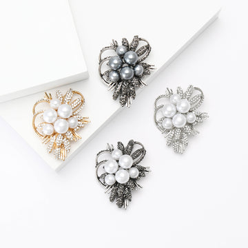 Pearl Cluster Flower Brooch Rhinestone Leaves Four Metal Tones
