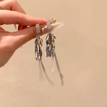Crystal Wheat Spray Drop Earrings with Long Metal Tassels