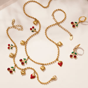 Gold Steel Ball Chain Cherry Strawberry Heart Charm Jewelry Set