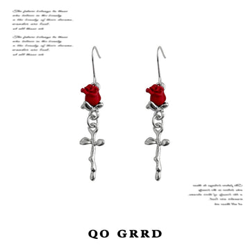 Silver Fishhook Earrings Red Rose Bloom Metal Stem Drop