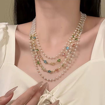 Pearl and Crystal Multistrand Necklace with Draped Gold Tone Chains