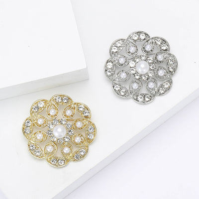 Round Crystal Flower Brooch with Pearl Center displayed from the front