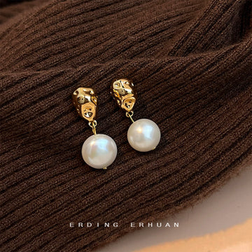 Gold Tone Molten Texture Stud Earrings With Pearl Drop