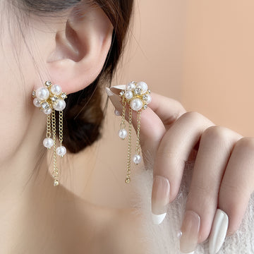 Pearl Look Cluster Flower Triple Chain Tassel Earrings