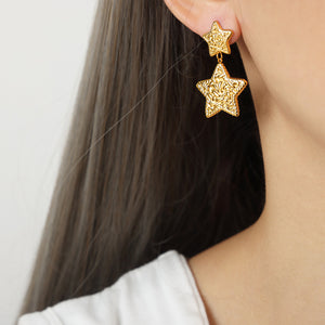 Textured Star Heart Double Drop Earrings Gold Steel Metal