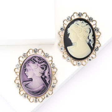 Crystal Frame Cameo Woman Brooch in White Black or Purple