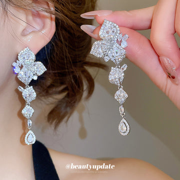 Silver Tone Crystal Leaf Drop Earrings With Teardrop Dangles