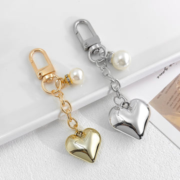 Puffy Metal Heart Charm Keychain With Bow Or Pearl Accent