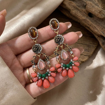 Coral and Green Beaded Floral Teardrop Statement Earrings