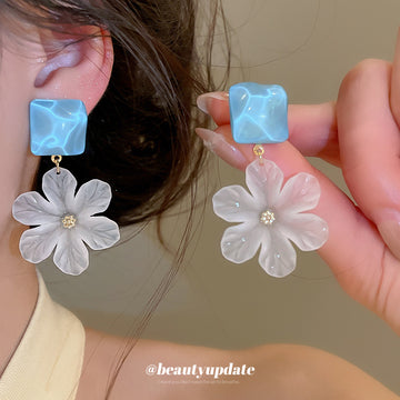 Blue Square and White Flower Drop Stud Earrings With Gold Tone Centers