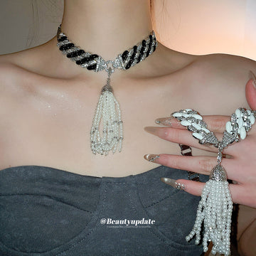 Black and White Crystal Chain Necklaces with Hand Tassels