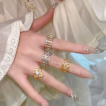 Three Gold Or Silver Pink Flower And Daisy Crystal Ring Designs